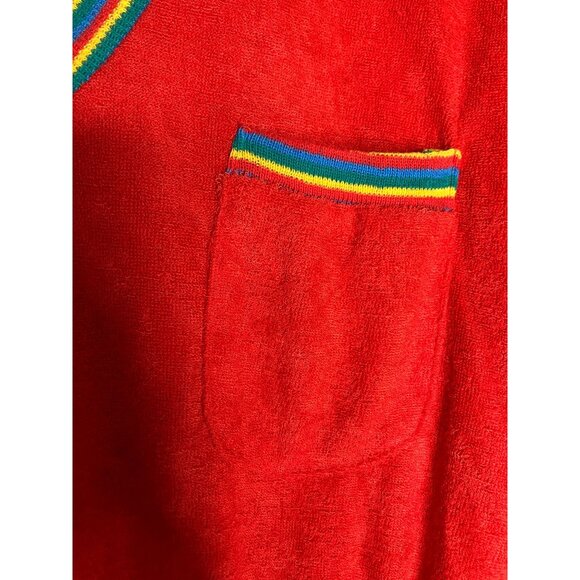 Vintage 70s Red Terry Cloth Dress Rainbow Trim Pocket Elastic Waist Womens XS - Picture 4 of 10